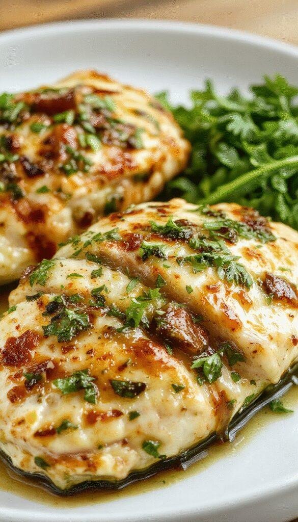 A plate of velvety pesto chicken garnished with fresh basil and parmesan, served with roasted vegetables on a rustic wooden table.