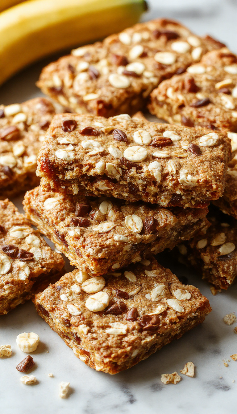 Close-up of baked Banana Oat Bliss Bars on a rustic wooden plate, showing golden-brown crust and visible banana and oat bits.