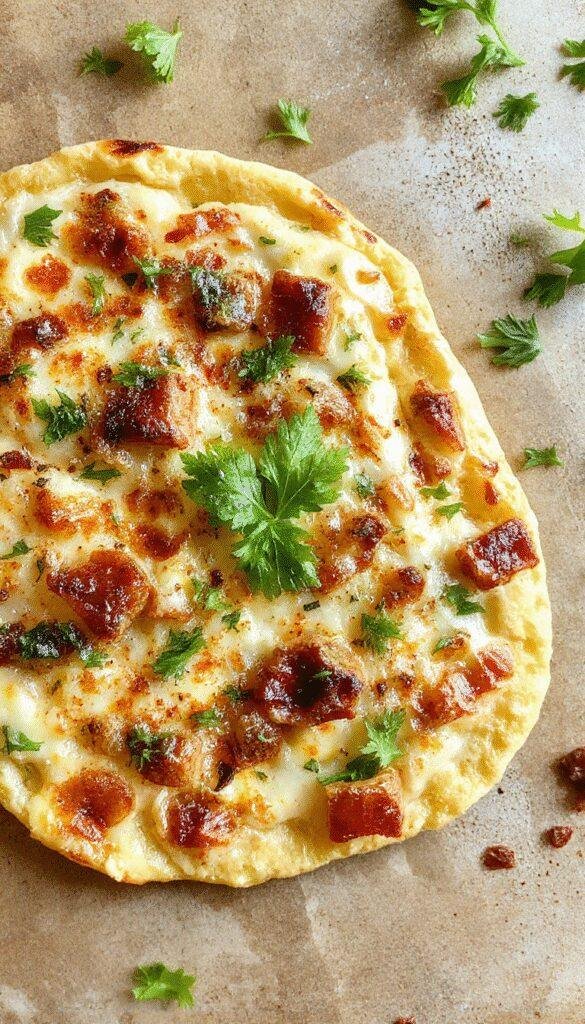 A fresh, golden high-protein flatbread topped with vibrant vegetables and herbs, served on a rustic wooden board.