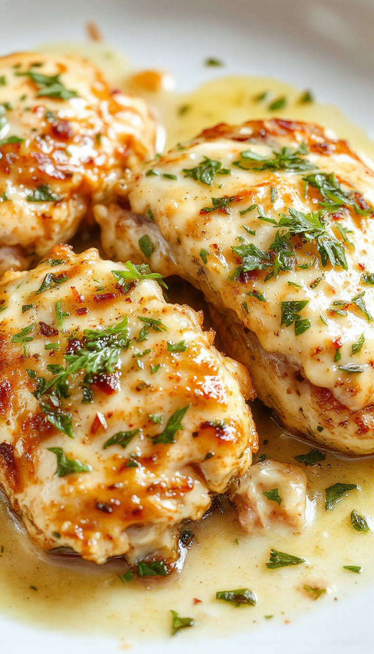 A plate of Zesty Creamy Cajun Chicken garnished with fresh herbs, served with garlic slices and a side of colorful vegetables.