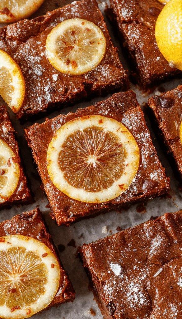 Close-up of Zesty Lemon Brownie Bliss Bars with a golden crust, drizzled with lemon glaze, garnished with lemon zest slices.