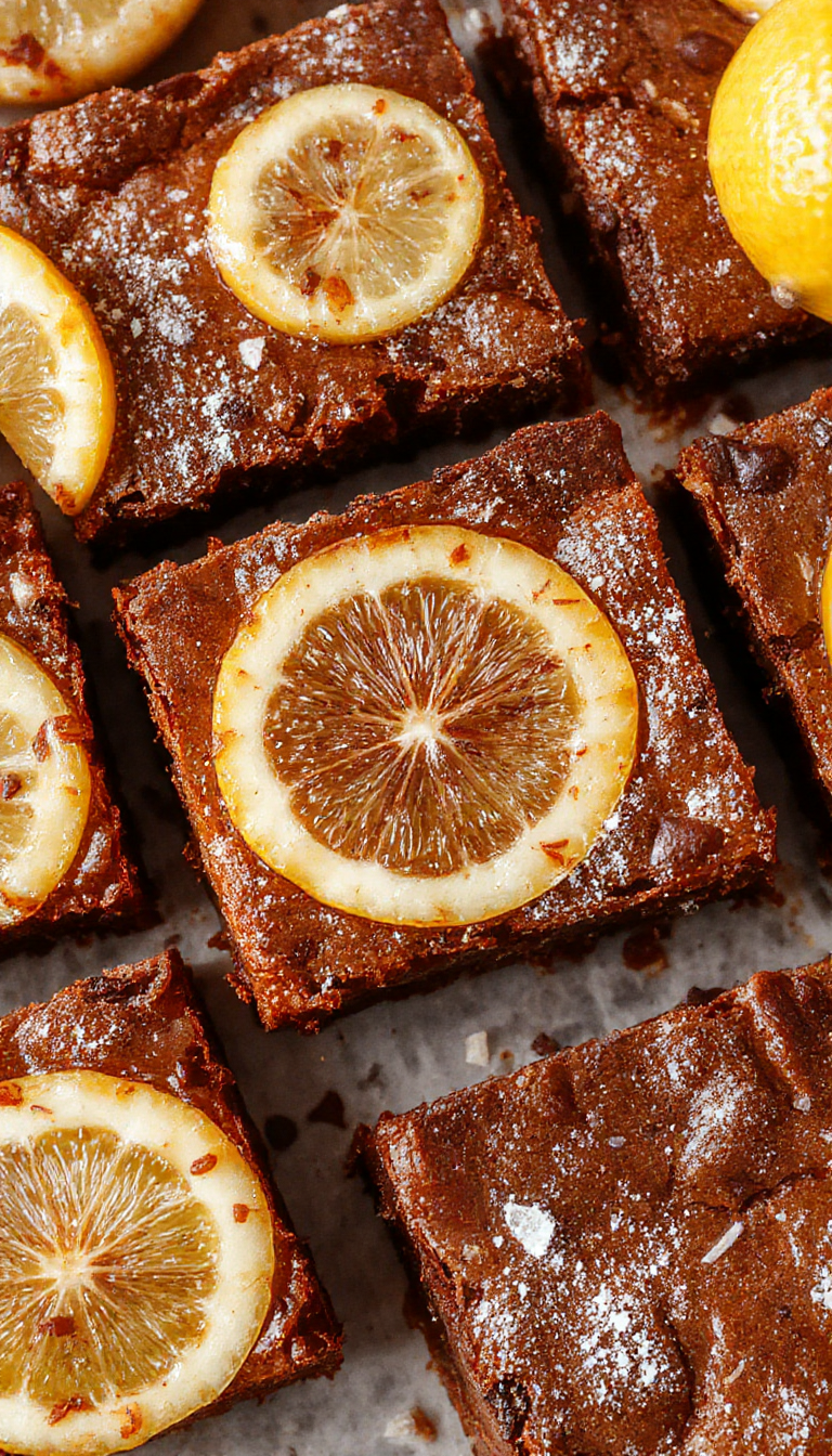 Close-up of Zesty Lemon Brownie Bliss Bars with a golden crust, drizzled with lemon glaze, garnished with lemon zest slices.