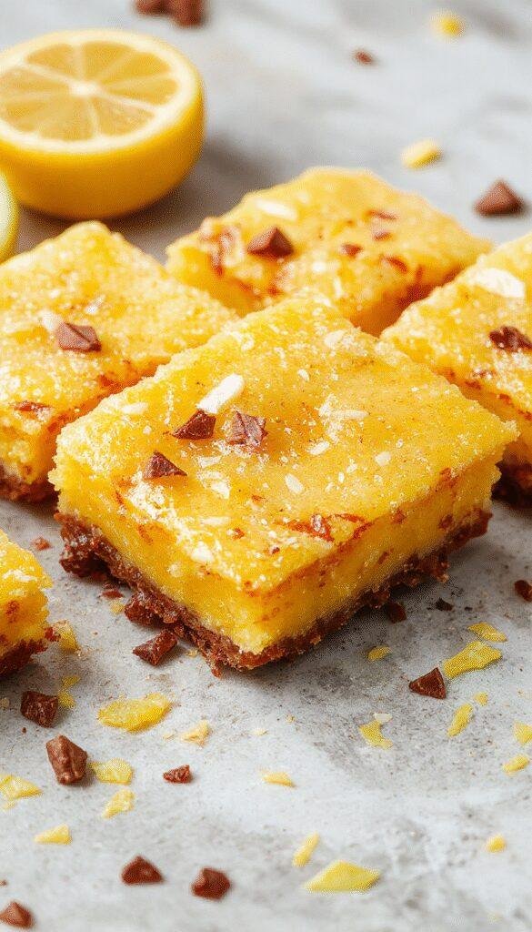 A close-up of Zesty Lemon Dream Bars showcasing their glossy lemon glaze and fudgy crumbly base, garnished with lemon zest.