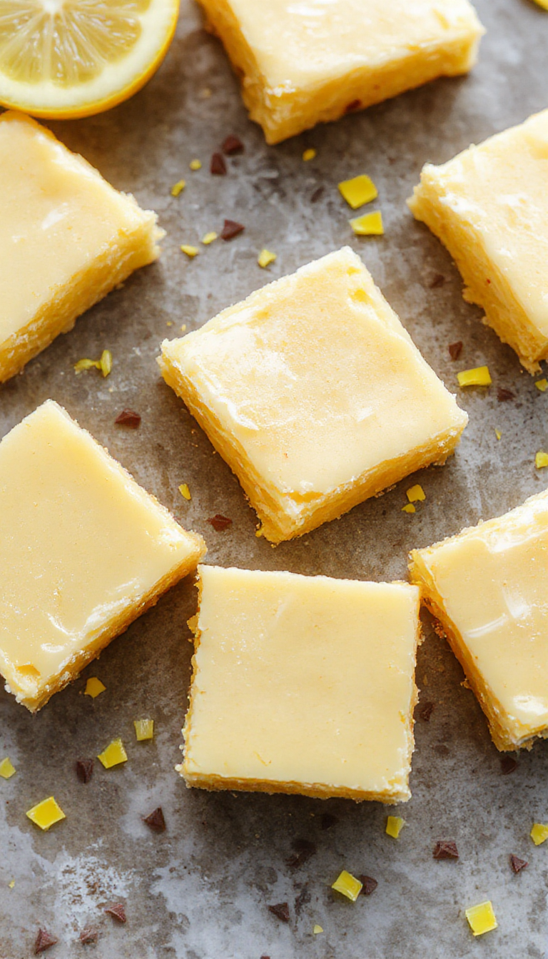 A bright yellow plate of Zesty Lemon Square Delights with glossy lemon glaze, garnished with fresh lemon slices and mint leaves.