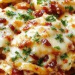 A hearty casserole of baked Southern chicken spaghetti topped with melted cheese and fresh herbs, serving as a comforting family meal.