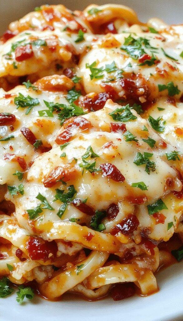 A hearty casserole of baked Southern chicken spaghetti topped with melted cheese and fresh herbs, serving as a comforting family meal.