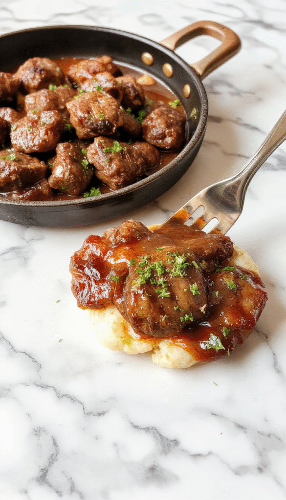 Colorful plated beef chops glazed with glossy brown sugar sauce, garnished with fresh herbs on a rustic wooden table, showcasing tender meat and caramelized edges.