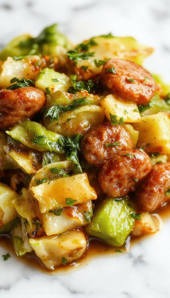 A vibrant plate of sausage and cabbage stir fry featuring golden-brown sausage slices, crisp green cabbage, and colorful bell peppers, garnished with chopped herbs, styled on a rustic wooden table with a side of steamed rice.