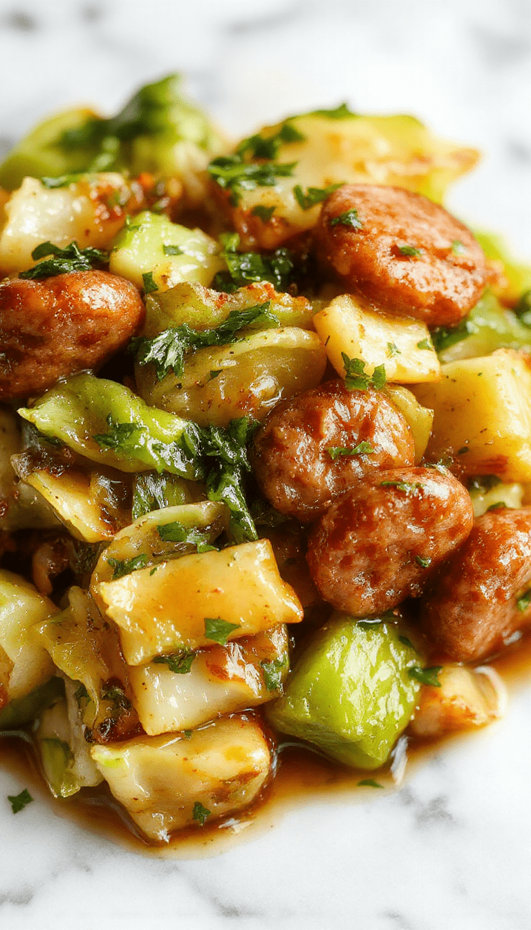 A vibrant plate of sausage and cabbage stir fry featuring golden-brown sausage slices, crisp green cabbage, and colorful bell peppers, garnished with chopped herbs, styled on a rustic wooden table with a side of steamed rice.