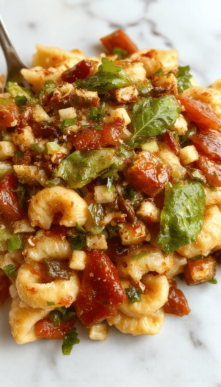 A vibrant bowl of autumn harvest pasta salad featuring colorful spiral pasta, crisp vegetables like bell peppers, carrots, and cherry tomatoes, garnished with herbs and a tangy dressing, all beautifully arranged on a rustic wooden table