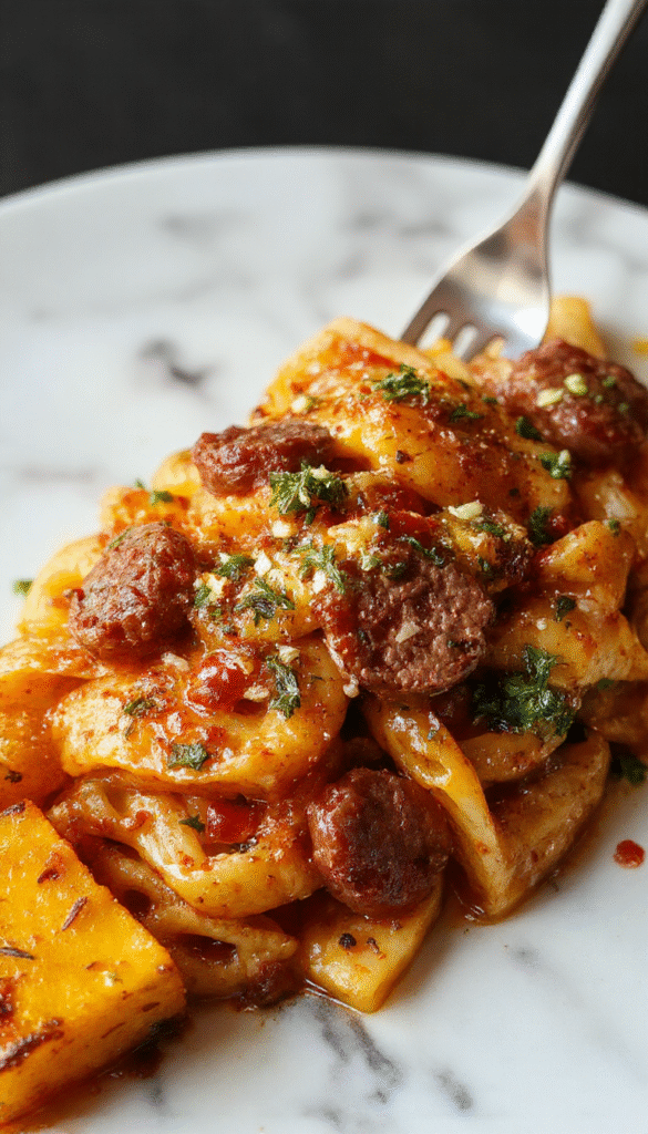 A vibrant plate of autumn sausage pasta featuring golden roasted squash cubes, topped with sliced sausages and fresh herbs, served on a rustic wooden table with a drizzle of sauce, capturing warm fall colors and inviting textures