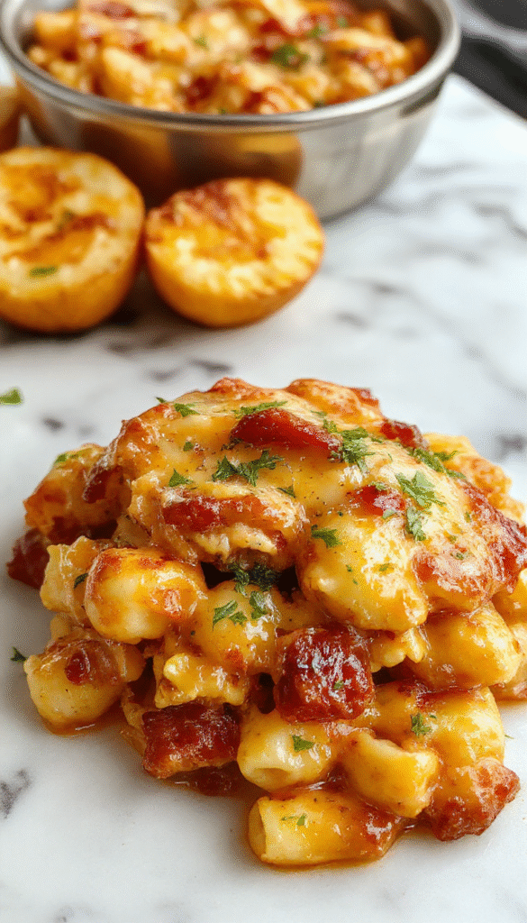A vibrant close-up of a creamy mac and cheese dish topped with shredded barbecue chicken, melted cheddar cheese, and chopped green onions on a rustic wooden plate, garnished with fresh herbs, with a smoky sauce drizzled on top, styled with a sprig of parsley and served with a side of crispy bread.
