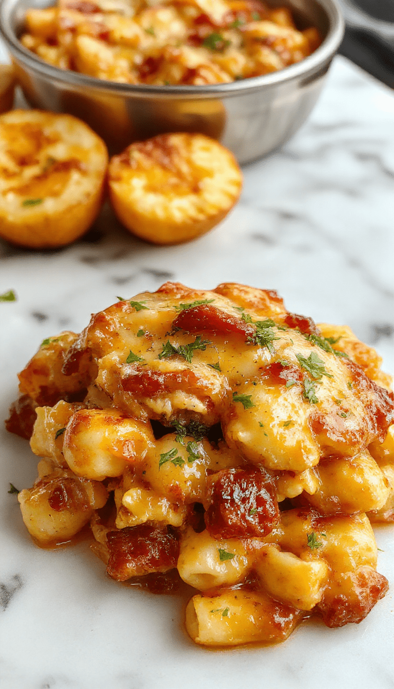 A vibrant close-up of a creamy mac and cheese dish topped with shredded barbecue chicken, melted cheddar cheese, and chopped green onions on a rustic wooden plate, garnished with fresh herbs, with a smoky sauce drizzled on top, styled with a sprig of parsley and served with a side of crispy bread.