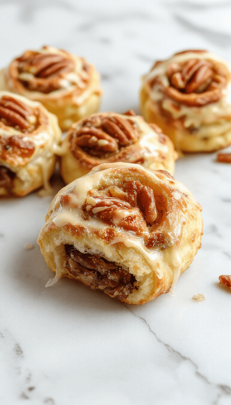 Golden brown buttery crescent rolls with visible pecan filling, arranged neatly on a white plate, brushed with melted butter, flaky and textured surface, garnished with chopped pecans, styled on a rustic wooden background