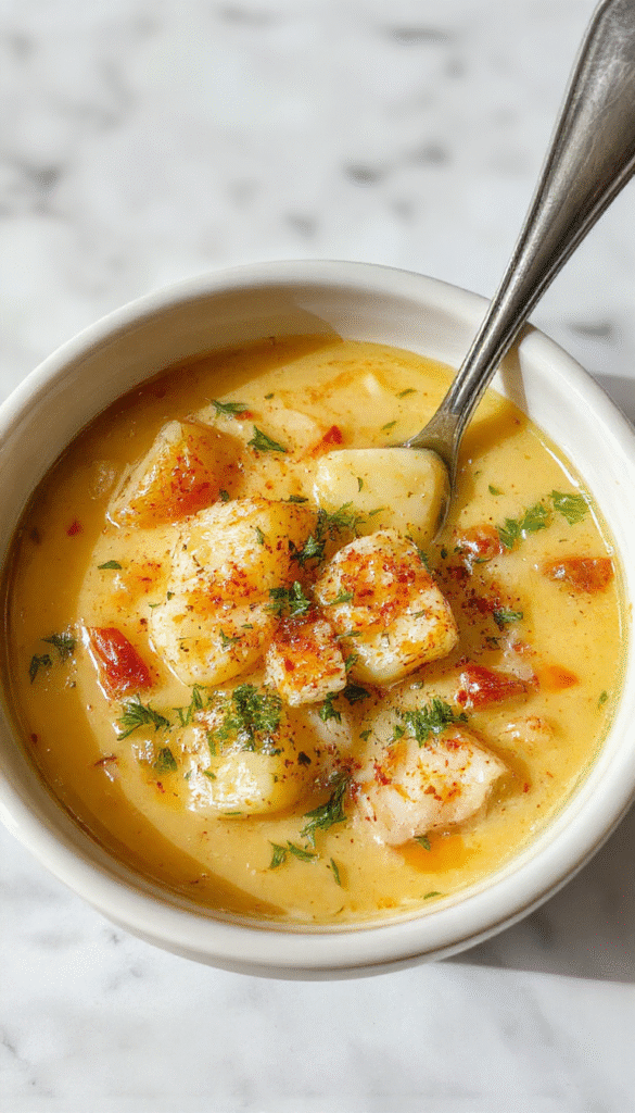 A vibrant bowl of creamy potato soup topped with melted cheddar cheese, fresh chopped herbs, and a drizzle of garlic oil, served with slices of toasted bread on a rustic wooden table