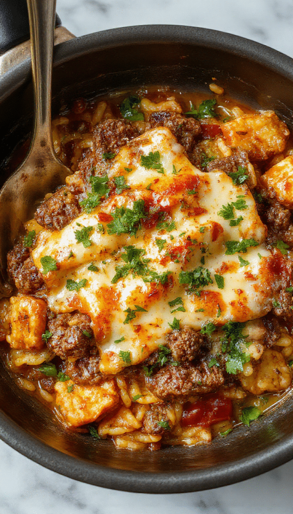 A vibrant skillet of cheeseburger orzo showcasing golden browned pasta, melted cheese, crisp bacon, topped with fresh green herbs, served in a rustic skillet with a bright background emphasizing the creamy textures and gooey cheese.