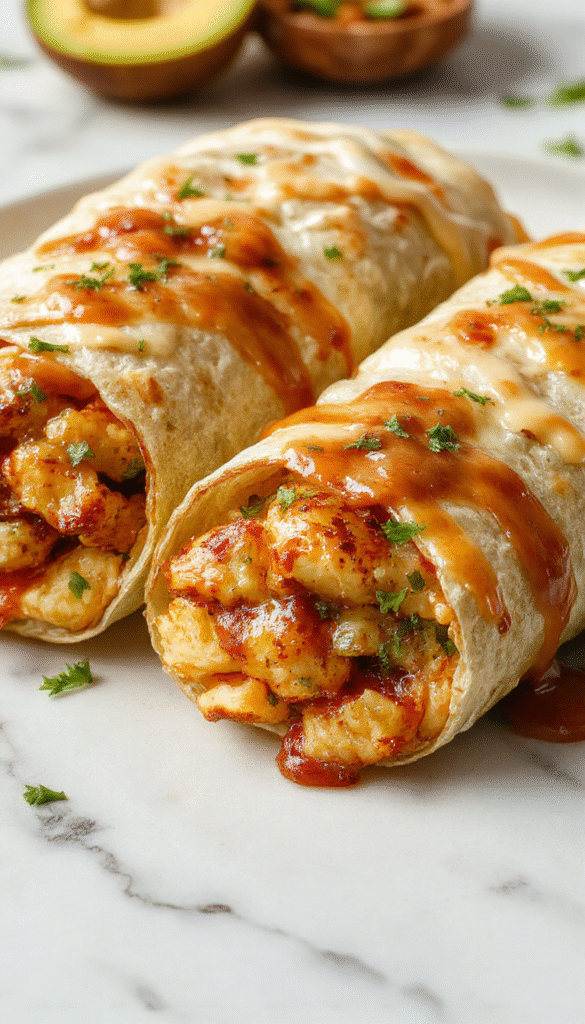 A vibrant and appealing plate featuring golden-brown chicken wraps generously filled with melted cheese, garlic, and herbs. The wraps are sliced to showcase the juicy chicken and gooey cheese inside, garnished with fresh parsley. The background includes a rustic wooden table with a sprinkle of garlic and cheese, styled to highlight the crispy texture and flavorful filling of the wraps.