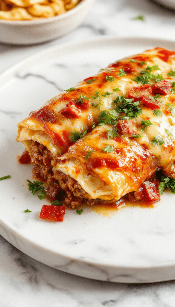 A vibrant plate of cheesy ground beef enchiladas topped with melted cheese, garnished with chopped cilantro and sliced jalapenos. The enchiladas are neatly rolled, showcasing a golden-brown crust with gooey cheese spilling over the sides. The colorful background features a rustic wooden table with a side of fresh salsa and sour cream, emphasizing a warm, inviting family dinner.