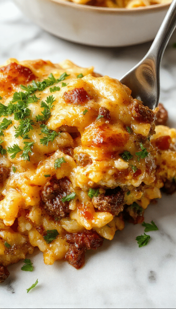 A hearty baked casserole displayed on a rustic wooden table, featuring a golden-brown cheesy top with visible chunks of seasoned ground beef, fluffy white rice, and melted cheese oozing from the edges, garnished with chopped fresh herbs for a vibrant finish.