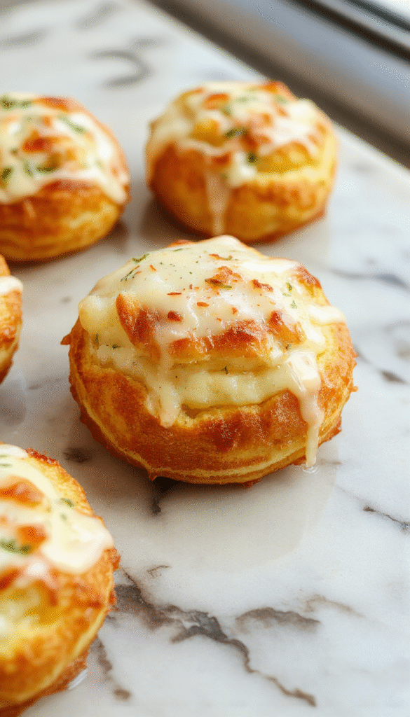 Golden brown cheesy mashed potato puffs on a rustic wooden plate garnished with chopped herbs, showcasing their crispy exterior and creamy interior with melted cheese oozing out, styled with fresh herbs and a scattering of cheese on top.