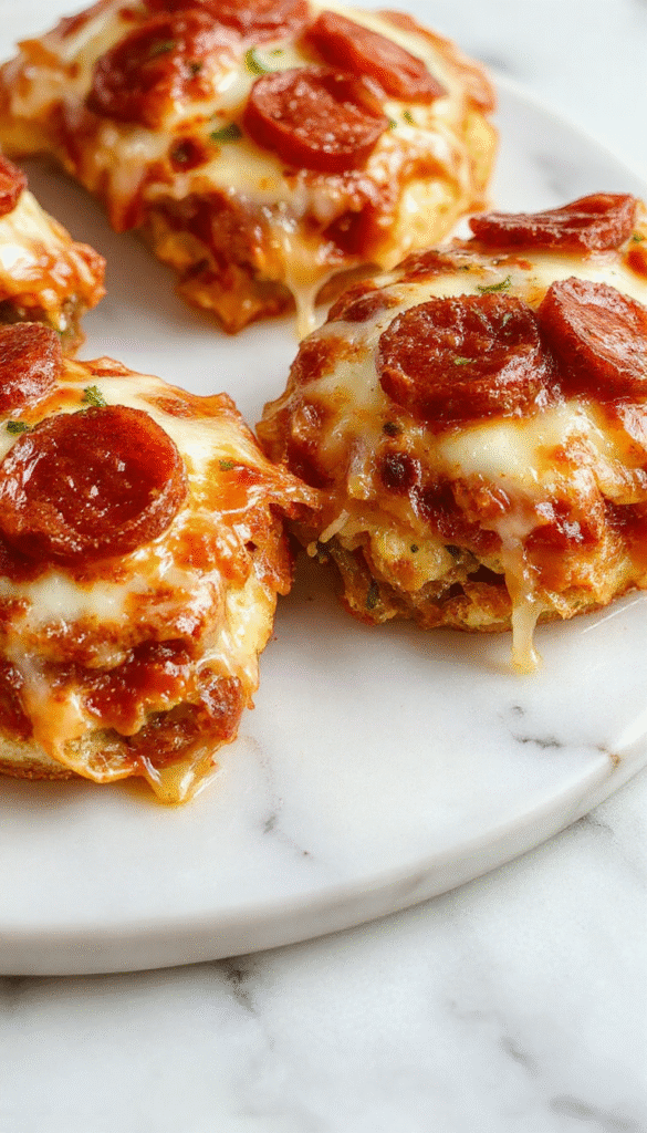 Golden brown pepperoni pizzadillas with melted cheese oozing from the center, garnished with fresh herbs on a rustic wooden plate, showcasing crispy edges and gooey cheese texture