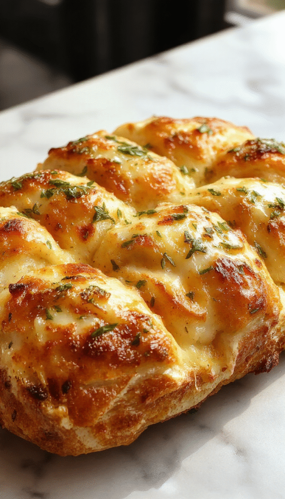 A close-up view of cheesy pull apart bread sliced open revealing gooey melted cheese, golden-brown crust, and aromatic garlic herbs, styled on a rustic wooden board with sprigs of fresh herbs.