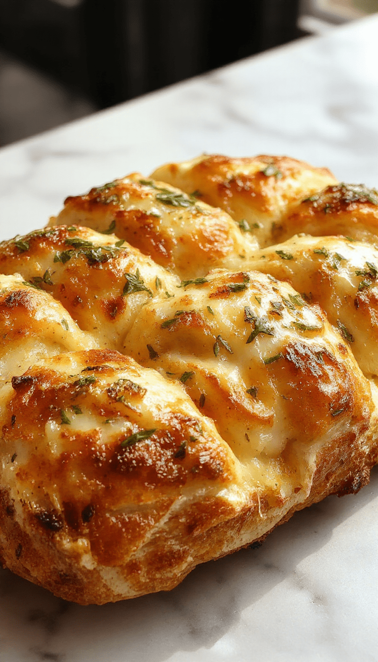 A close-up view of cheesy pull apart bread sliced open revealing gooey melted cheese, golden-brown crust, and aromatic garlic herbs, styled on a rustic wooden board with sprigs of fresh herbs.
