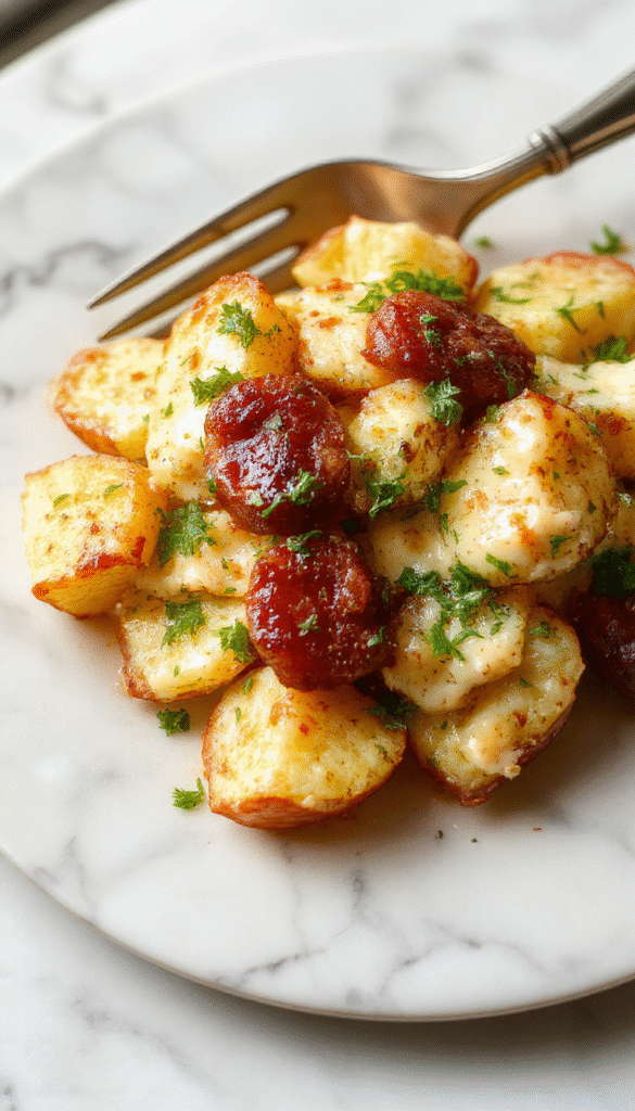 A colorful plate of cheesy ranch potatoes topped with slices of smoked sausage, garnished with fresh herbs, served on a rustic wooden table with a creamy sauce drizzled over the dish.