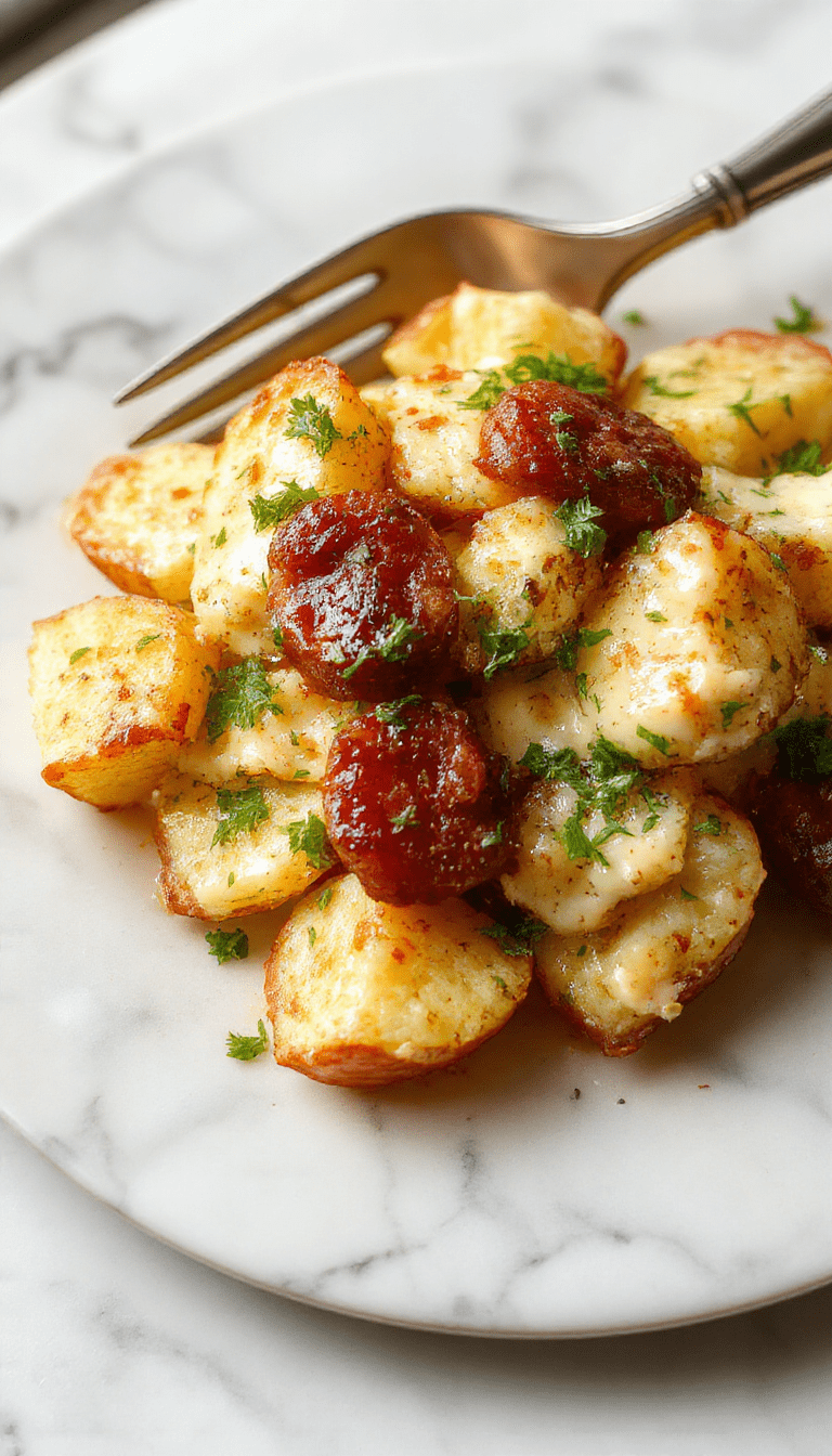 A colorful plate of cheesy ranch potatoes topped with slices of smoked sausage, garnished with fresh herbs, served on a rustic wooden table with a creamy sauce drizzled over the dish.