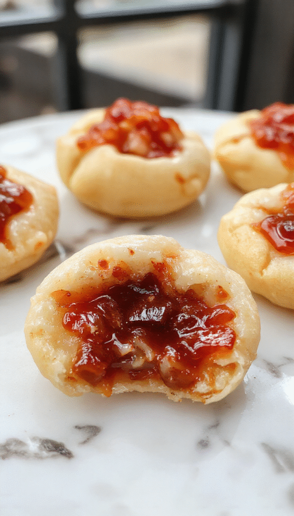 Colorful plate of golden-brown savory thumbprint appetizers topped with melted cheese and vibrant red hot pepper jelly, garnished with fresh herbs, styled on a rustic wooden platter with a neutral background