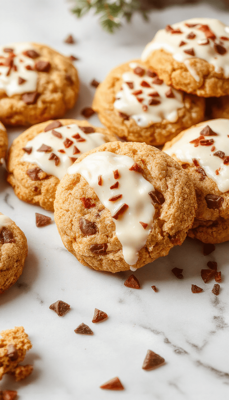 Close-up of golden brown chewy maple cookies dipped in smooth white chocolate, decorated with festive sprinkles, displayed on a rustic wooden platter with holiday greenery in the background, showcasing their glossy coating and textured surface.