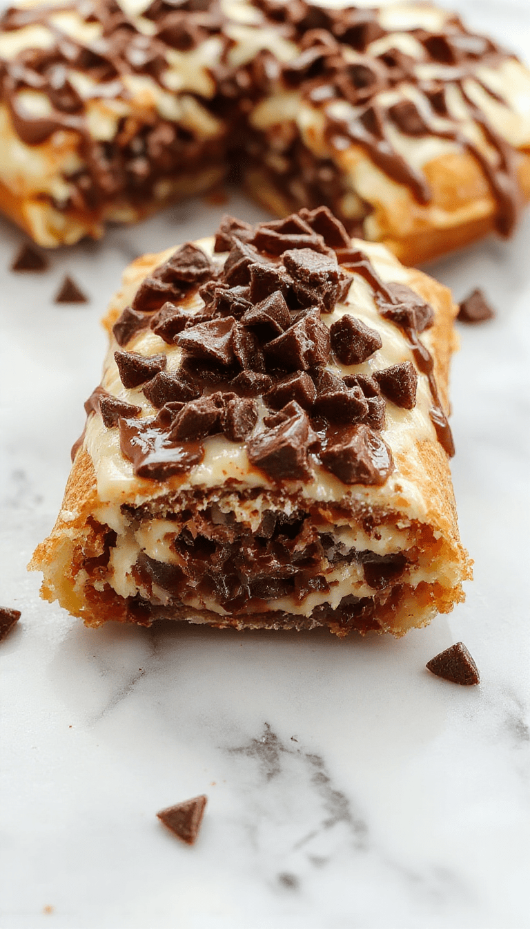 A close-up of a rich, creamy chocolate chip cannoli pie with a golden, crumbly crust topped with chocolate chips and powdered sugar, presented on a rustic wooden table with fresh berries and mint leaves for garnish.