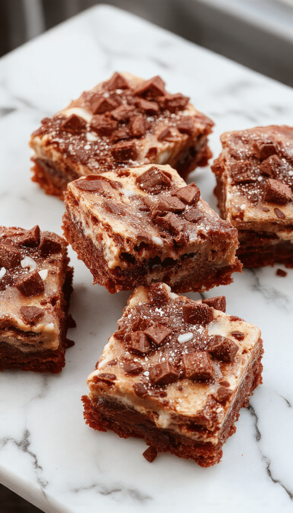 A close-up of luscious chocolate mousse brownies displaying creamy layered textures. The brownies are topped with smooth chocolate mousse, garnished with a dusting of cocoa powder and a drizzle of chocolate sauce. The plating showcases rich, dark brown hues, with a glossy finish highlighting their decadent appeal. The background features a rustic white plate, emphasizing the indulgent dessert's velvety surface and intricate layers.