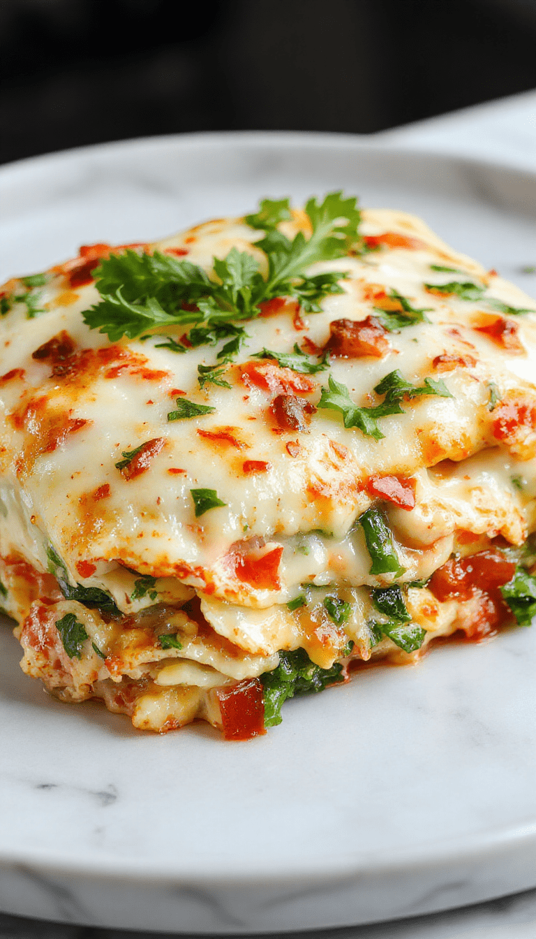 A vibrant, layered veggie white lasagna on a rustic wooden table, showcasing colorful zucchini, spinach, mushrooms, and creamy white sauce, topped with melted cheese and fresh basil, styled with natural lighting emphasizing textures and fresh ingredients.