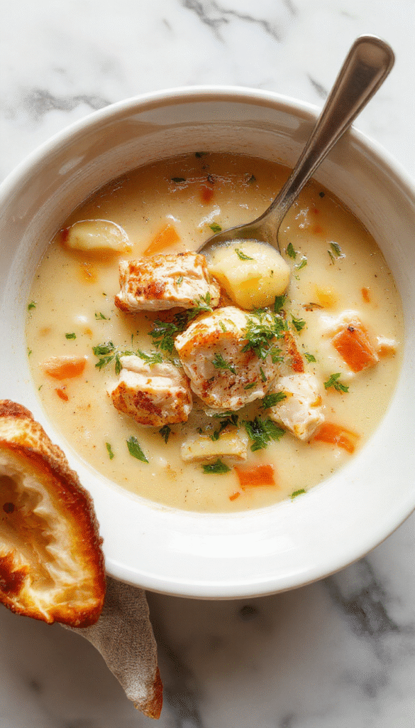 A warm bowl of chicken gnocchi soup topped with fresh herbs, showcasing soft gnocchi, shredded rotisserie chicken, and a creamy broth in a rustic white bowl on a wooden table, garnished with chopped parsley and a side of crusty bread.