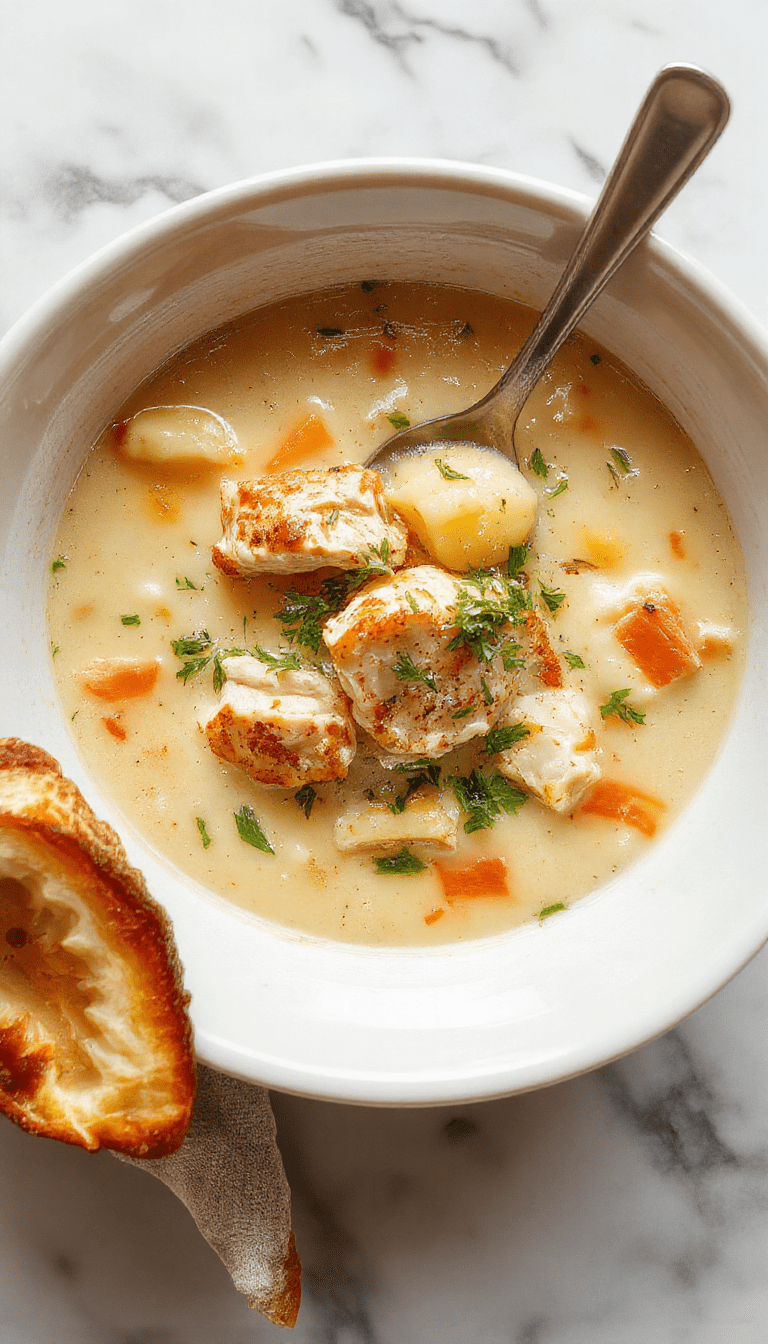 A warm bowl of chicken gnocchi soup topped with fresh herbs, showcasing soft gnocchi, shredded rotisserie chicken, and a creamy broth in a rustic white bowl on a wooden table, garnished with chopped parsley and a side of crusty bread.