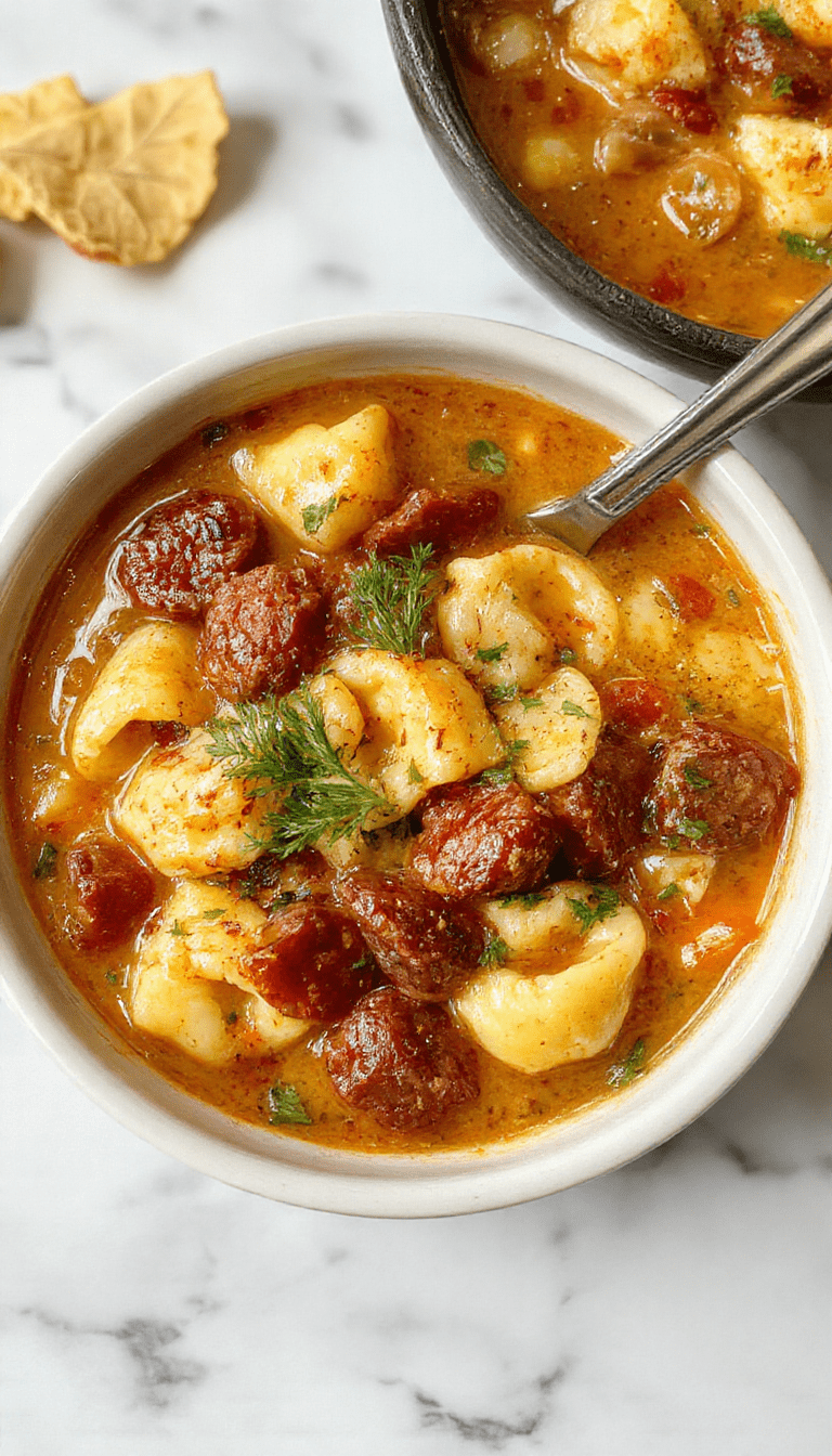 A warm, inviting bowl of autumn tortellini soup featuring plump tortellini pasta, crumbled sausage, bright orange carrots, and leafy greens in a rich broth, topped with fresh herbs, styled on a rustic wooden table with autumnal accents