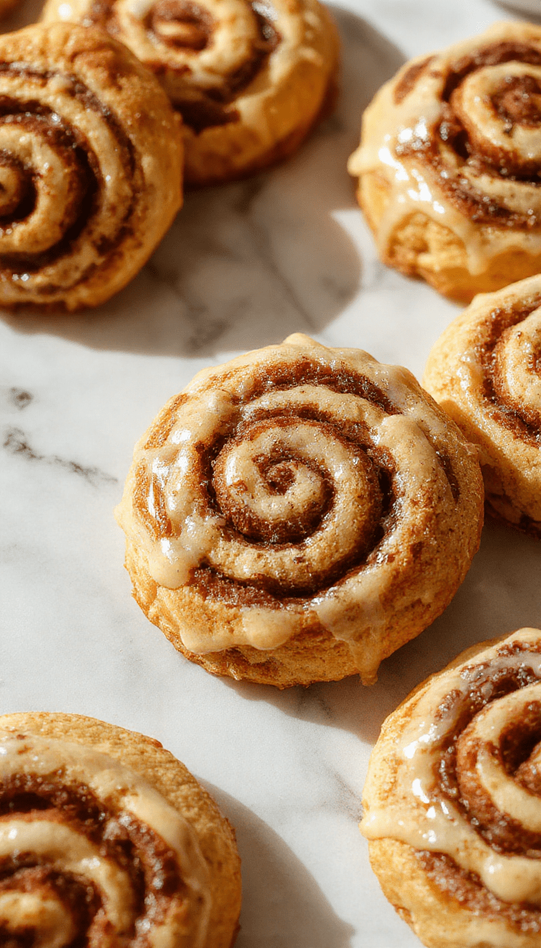 A plate of cinnamon roll cookies with swirled golden-brown tops sprinkled with cinnamon sugar, arranged neatly on a rustic wooden table with a warm, inviting background, showcasing the soft, gooey texture and cinnamon aroma.