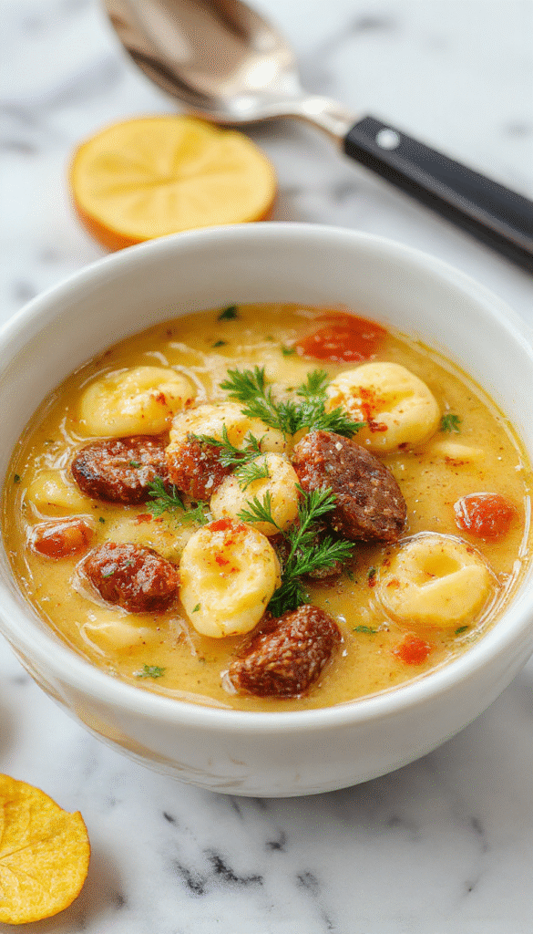 A warm bowl of autumn tortellini soup with slices of sausage, garnished with fresh herbs and grated cheese on a rustic wooden table, surrounded by seasonal autumn leaves and bread rolls in the background, highlighting rich textures and vibrant fall colors.