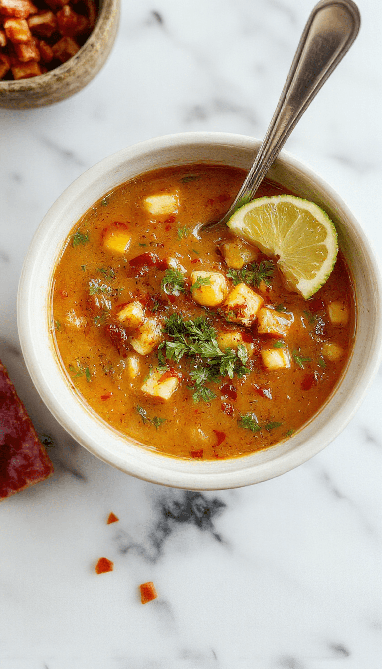 A vibrant bowl of Mexican street corn soup with a rich yellow color, topped with fresh cilantro, crumbled queso cotija, and a squeeze of lime, served in a rustic white bowl on a wooden table with a spoon placed beside it, steam gently rising revealing a creamy texture and bits of corn and spices.