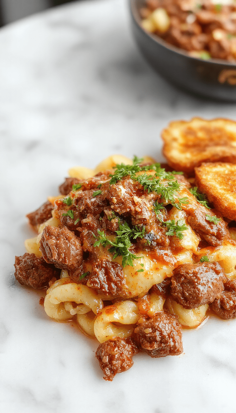 A vibrant plate of savory ground beef orzo with golden-brown seasoned beef, tender orzo pasta, fresh herbs garnished with parsley, served on a rustic wooden table with colorful vegetables in the background