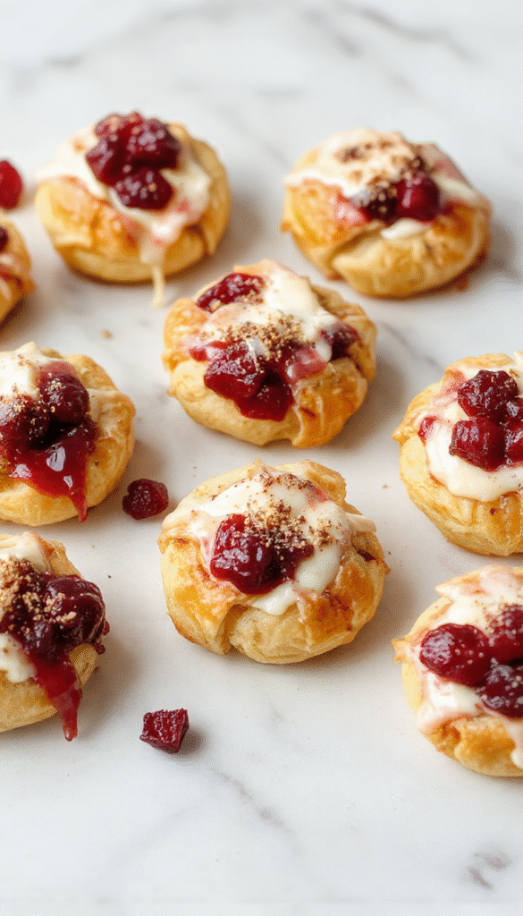 A close-up view of golden-brown crescent-shaped puff pastries filled with vibrant red cranberry and creamy white cheese, arranged on a rustic wooden platter with fresh cranberries scattered around. The presentation highlights the flaky texture of the pastries and the glossy cranberry filling, styled with sprigs of fresh herbs for a festive autumn look.