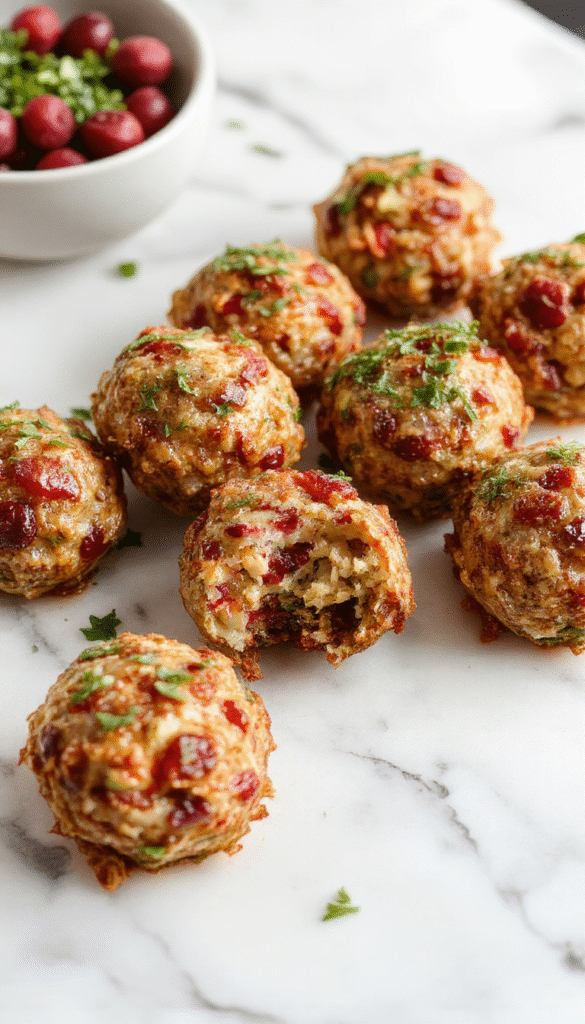 A close-up of golden-brown cranberry turkey stuffing balls arranged on a white plate, garnished with fresh herbs, with a vibrant red cranberry sauce drizzle in the background and a rustic wooden table surface.