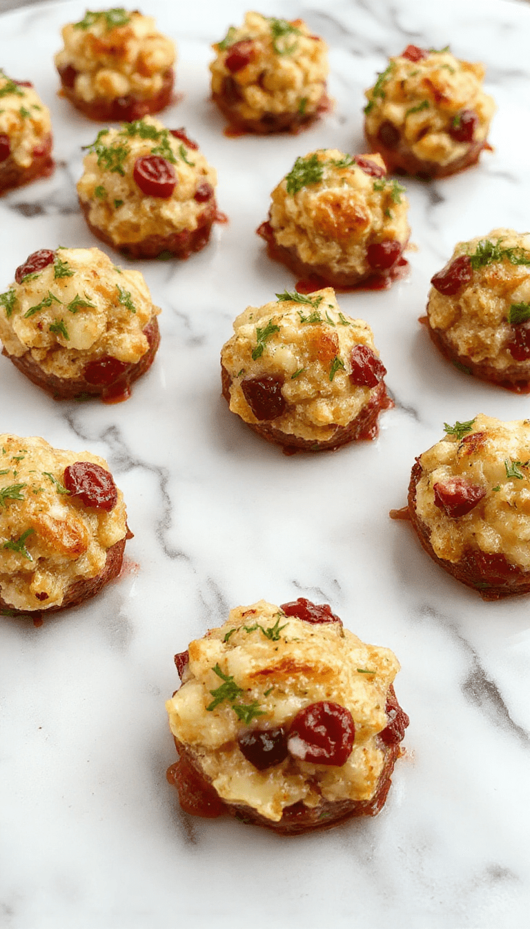 Colorful platter of golden-brown stuffing balls filled with bright red cranberries and tender turkey, garnished with fresh herbs on a rustic wooden surface