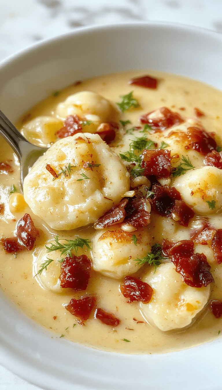 A warm bowl of bacon cheddar gnocchi soup featuring tender gnocchi, crispy bacon pieces, melted cheddar cheese, and fresh herbs, served in a rustic white bowl with steam rising, set against a cozy wooden table with a textured background and a spoon resting on the side.