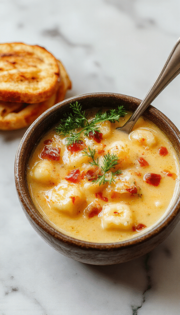 A steaming bowl of creamy bacon cheddar gnocchi soup, topped with crispy bacon bits, melted cheddar cheese, and fresh herbs. The smooth, thick soup showcases golden gnocchi nestled in a rich, cheesy broth, garnished with green onions and pepper, served in a rustic white bowl on a wooden table with a warm ambiance.