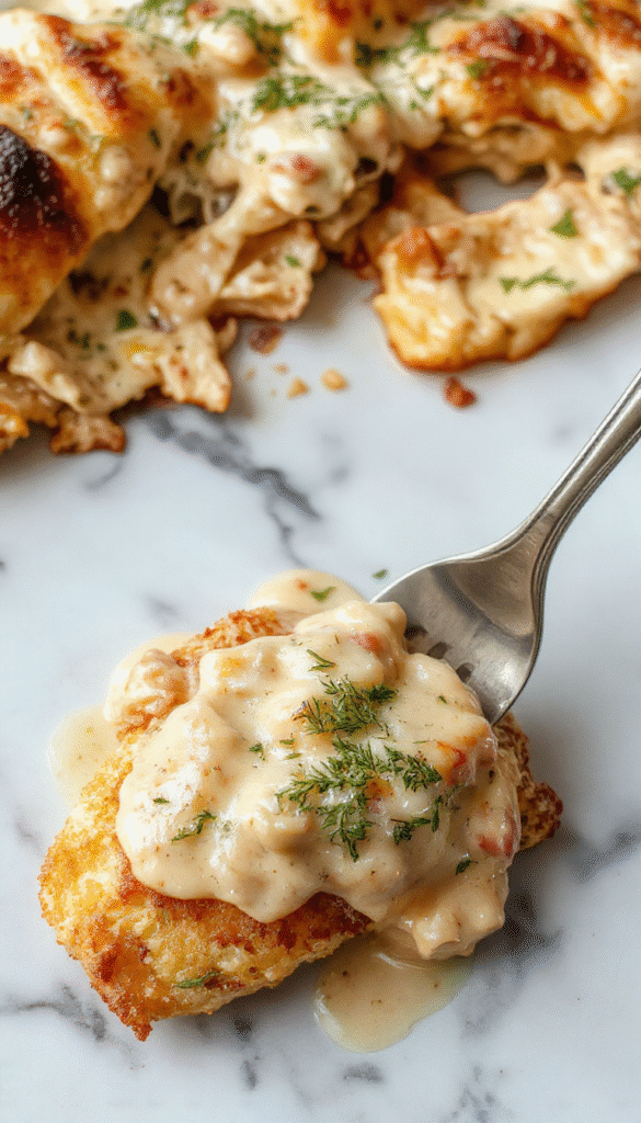 A close-up of a creamy baked chicken stroganoff dish served in a white bowl, topped with fresh herbs and sliced mushrooms, with tender chicken pieces and a smooth, rich sauce, garnished with parsley, on a rustic wooden table with a spoon beside.
