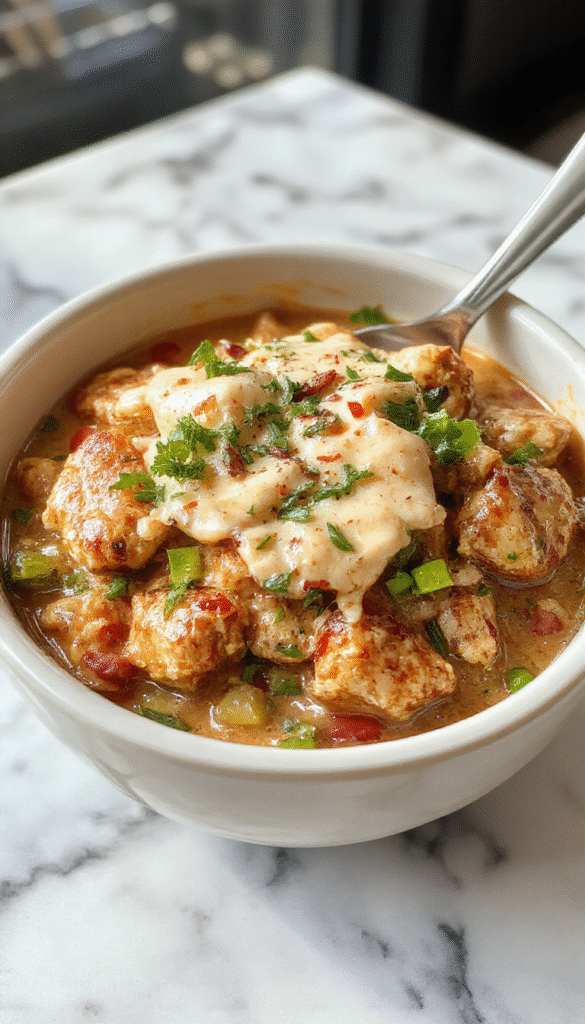 Colorful Bang Bang Chicken Bowl featuring crispy chicken pieces drizzled with spicy creamy sauce, garnished with chopped green onions and sesame seeds, served over a bed of fluffy rice with vibrant fresh vegetables on a white plate