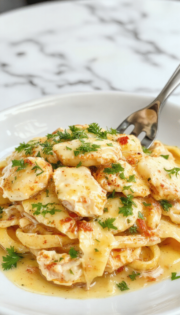 A vibrant plate of creamy Boursin chicken pasta garnished with fresh herbs, featuring tender chicken pieces coated in a rich, golden Boursin cheese sauce, served over al dente pasta on a rustic wooden table.