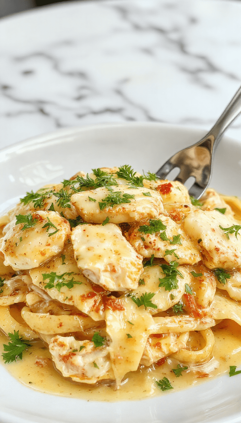 A vibrant plate of creamy Boursin chicken pasta garnished with fresh herbs, featuring tender chicken pieces coated in a rich, golden Boursin cheese sauce, served over al dente pasta on a rustic wooden table.